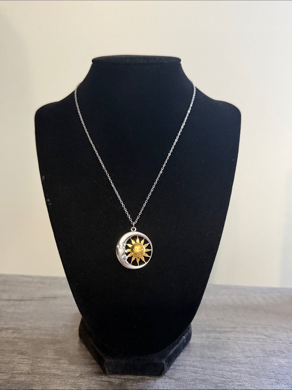 Stainless steel 2 toned moon and sun pendant necklace